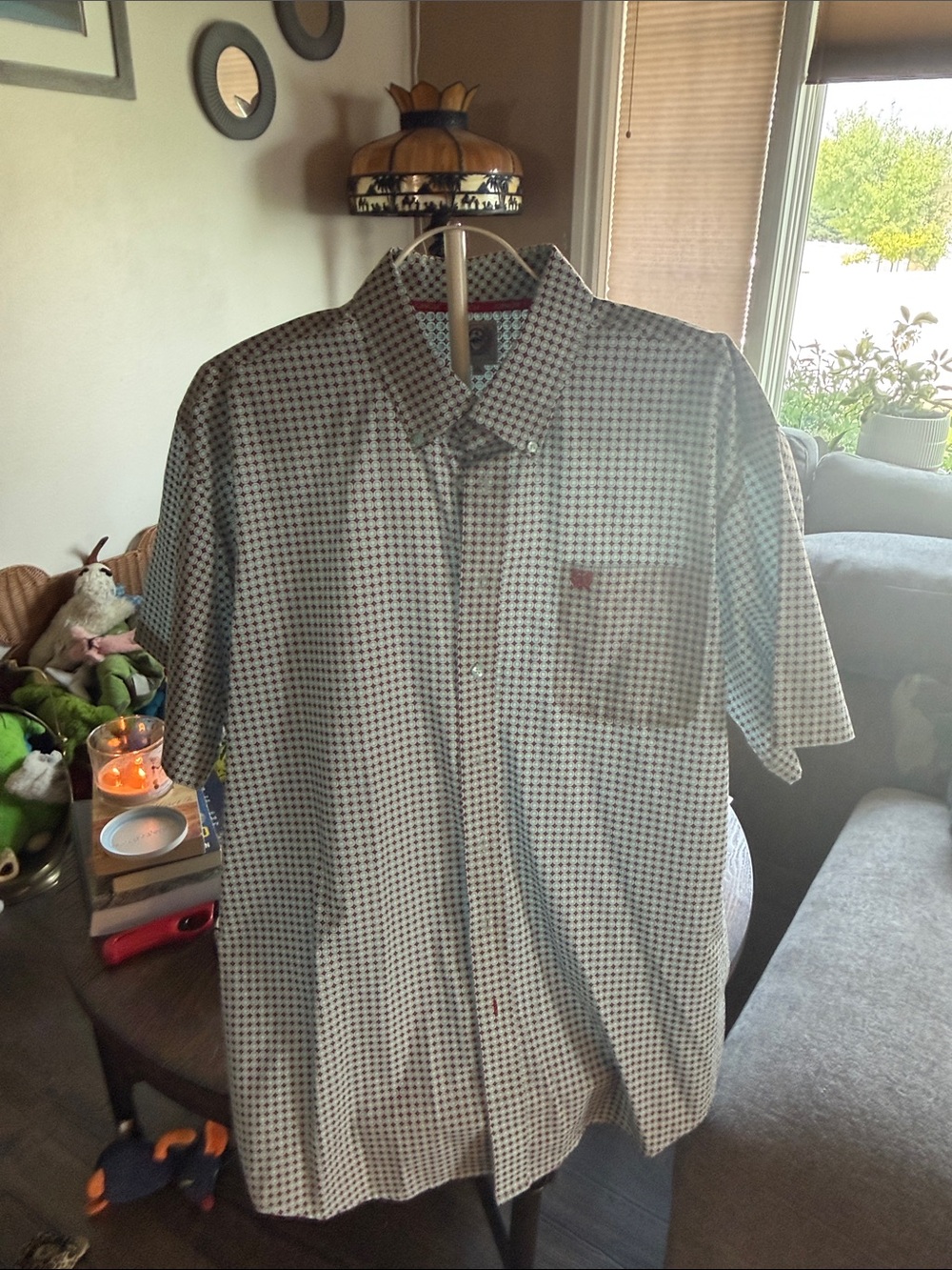 Cinch Men's Short Sleeve Button-Down Shirt - White with Green Check